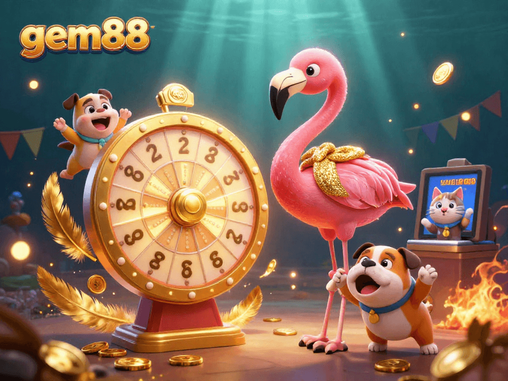 gem88 showcases an exciting casino scene with flamingo, bulldog, and cat characters