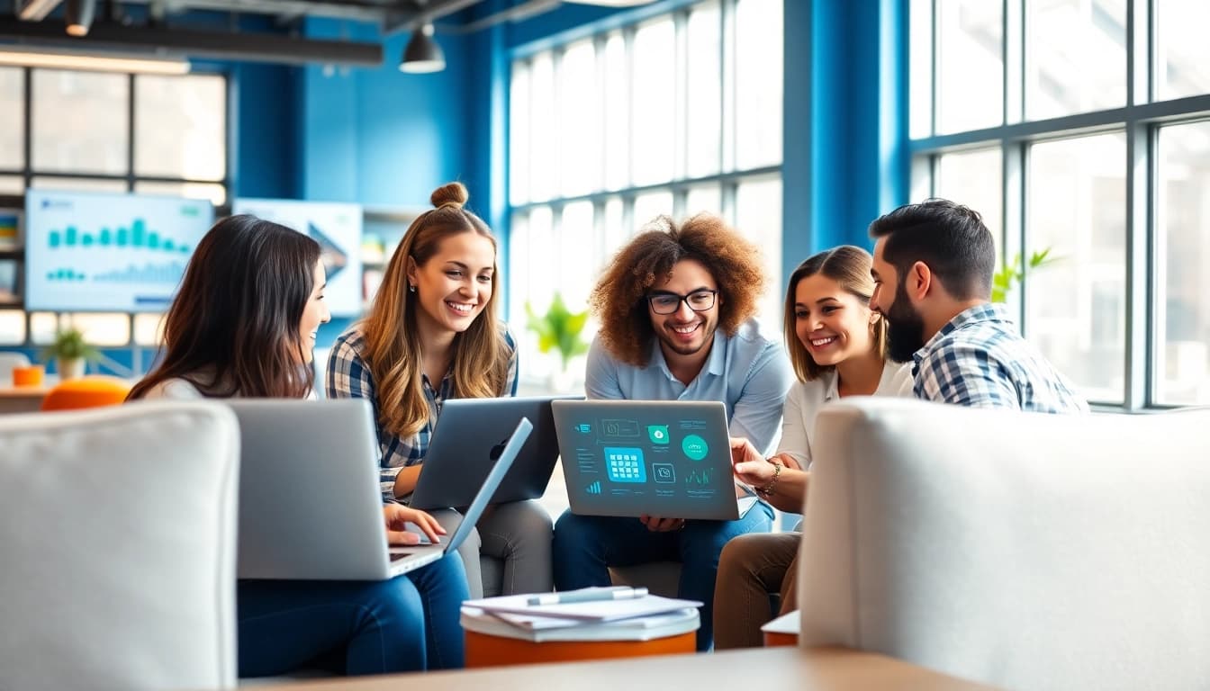 Shopify experts collaborating in a dynamic digital marketing workspace.