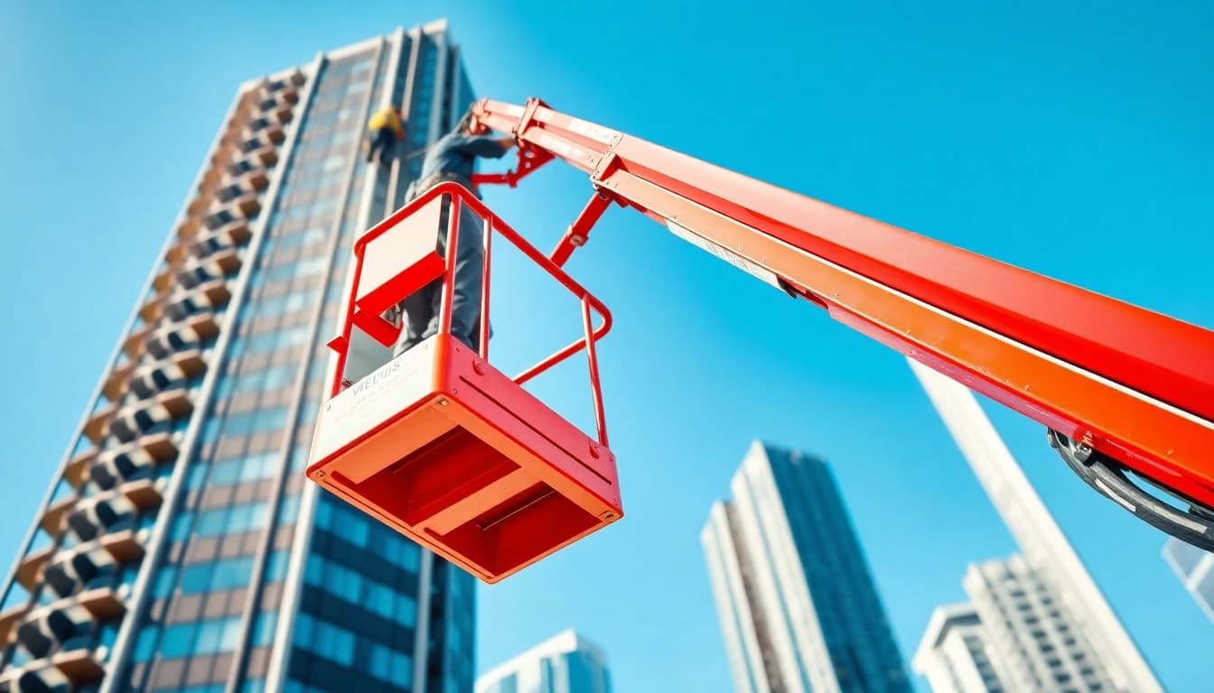 Operator using a cherry picker to reach high building maintenance areas.