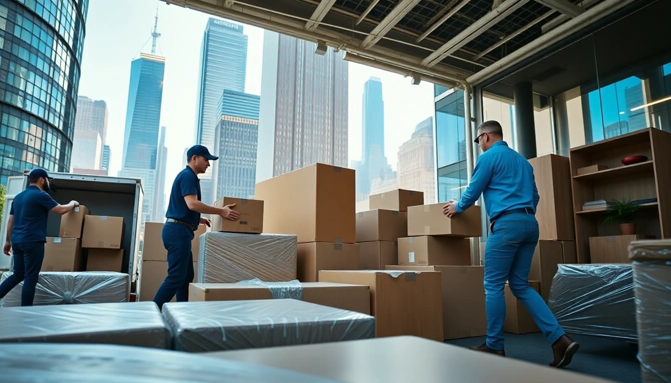 Office Moving Services NYC featuring professionals efficiently packing office furniture in New York City.