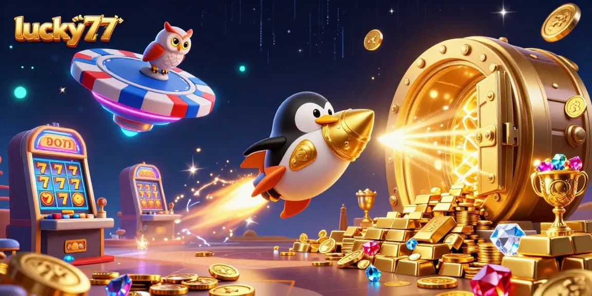 Experience the thrilling adventure of lucky77 slot with a golden penguin and a vibrant casino backdrop.