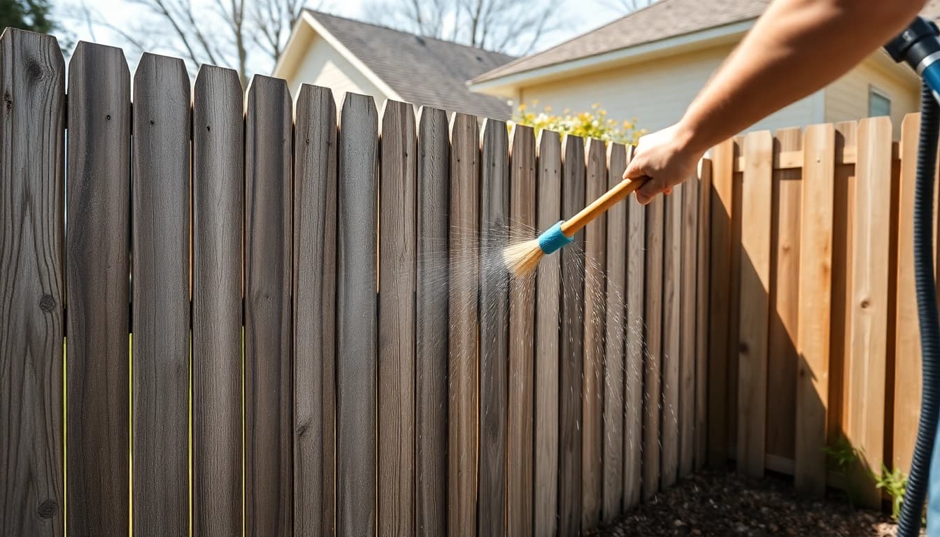Fence Cleaning process revitalizing a wooden fence with effective cleaning techniques.