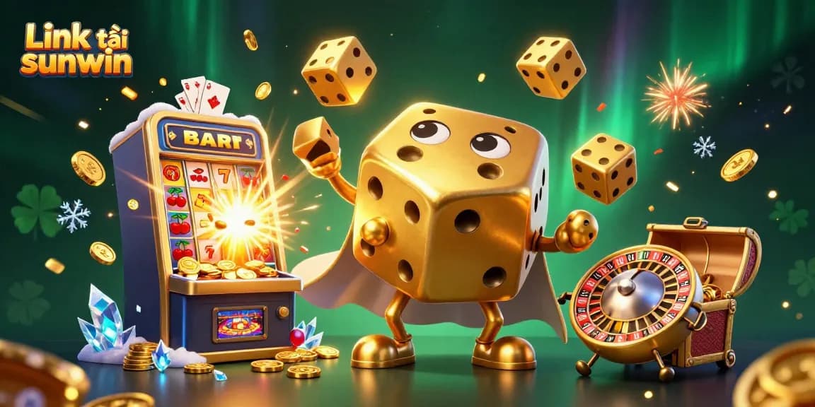 Engage with Link tải sunwin through a dynamic 3D casino illustration featuring vibrant dice and slot action.