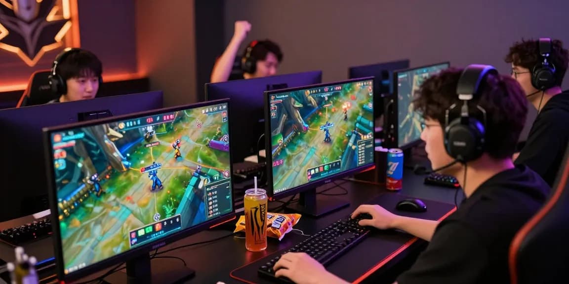 Gamer engaged in 롤배팅 during a live League of Legends match with dynamic screens and snacks around.