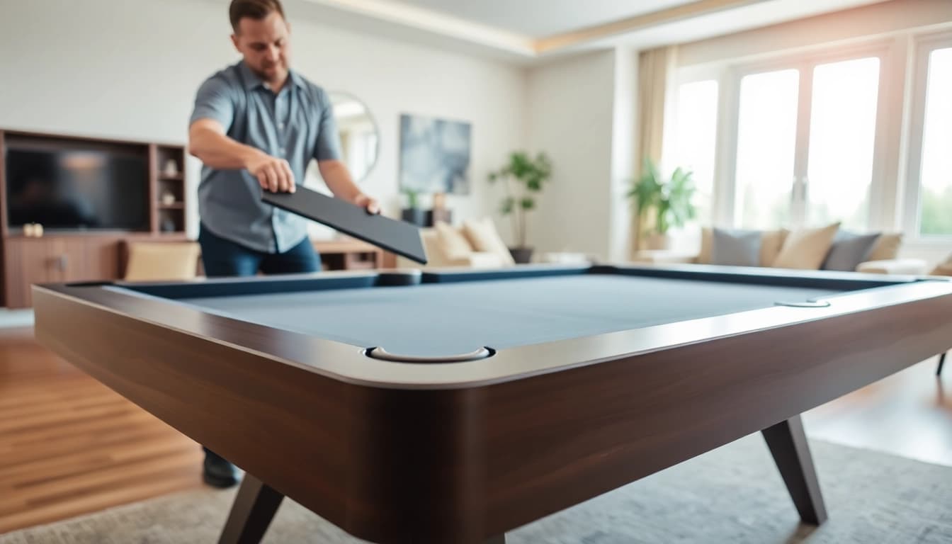 Skilled pool table mover carefully lifting slate piece during relocation process.