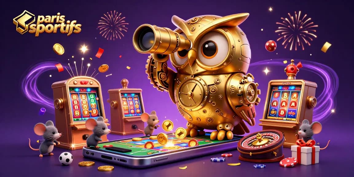 Pariez sur le site paris sportifs avec une illustration dynamique de machines à sous et un hibou doré.