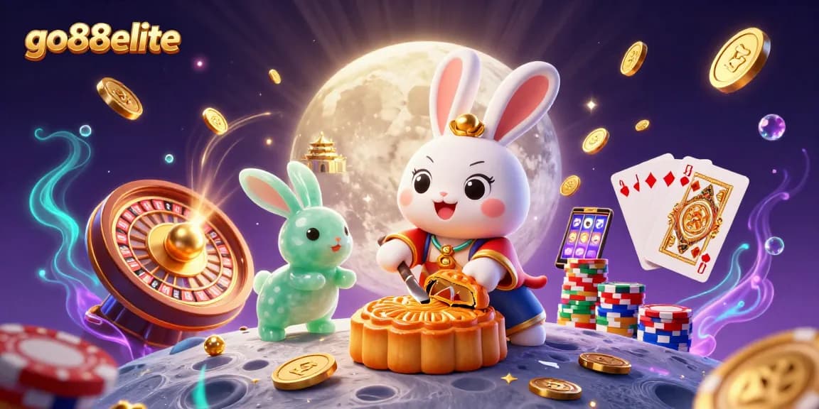 Experience exciting games with go88elite as the lunar rabbit reveals poker chips amidst dazzling casino elements.