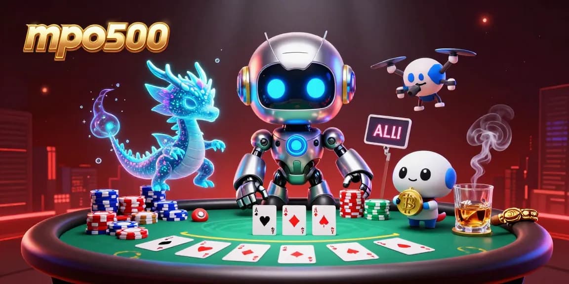 Engage with mpo500's thrilling gameplay showcased in a vibrant 3D casino scene with poker elements.