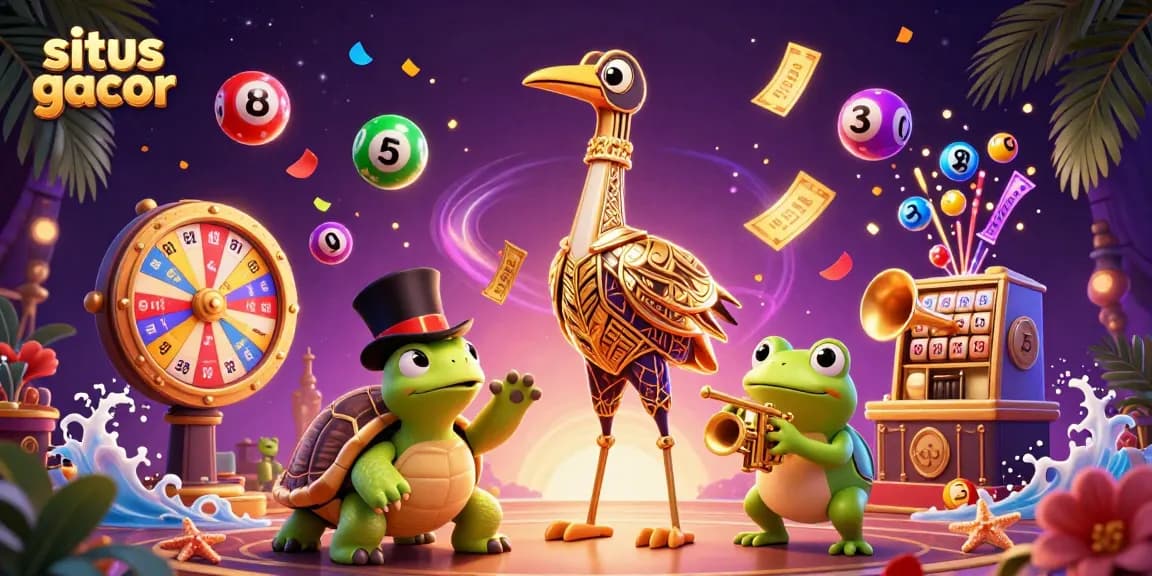 Engage in the exciting world of situs gacor with vibrant lottery balls and casino characters at a speakeasy.