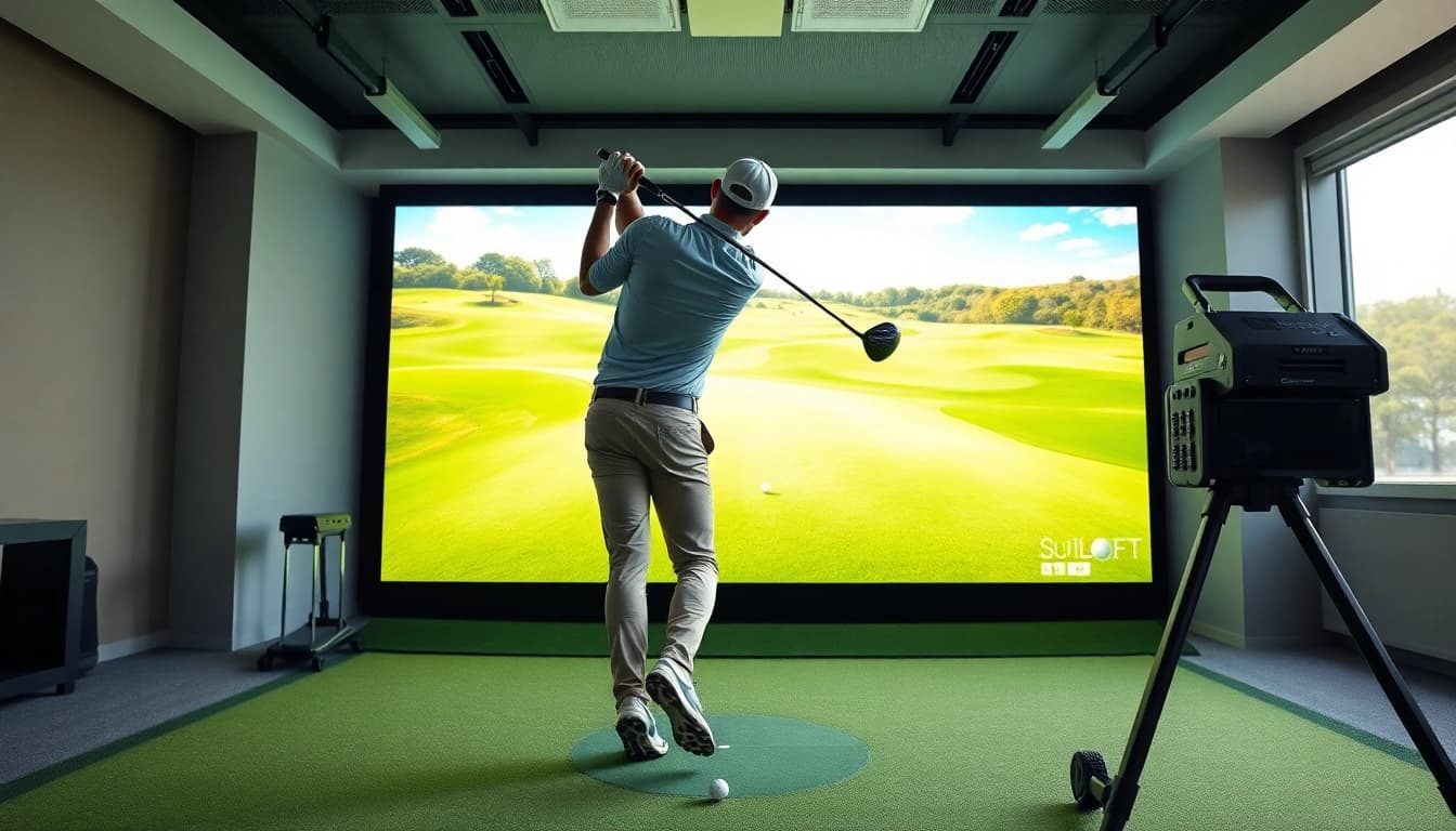 Golfer swinging at a simulator in a modern indoor facility, enhancing practice experience.