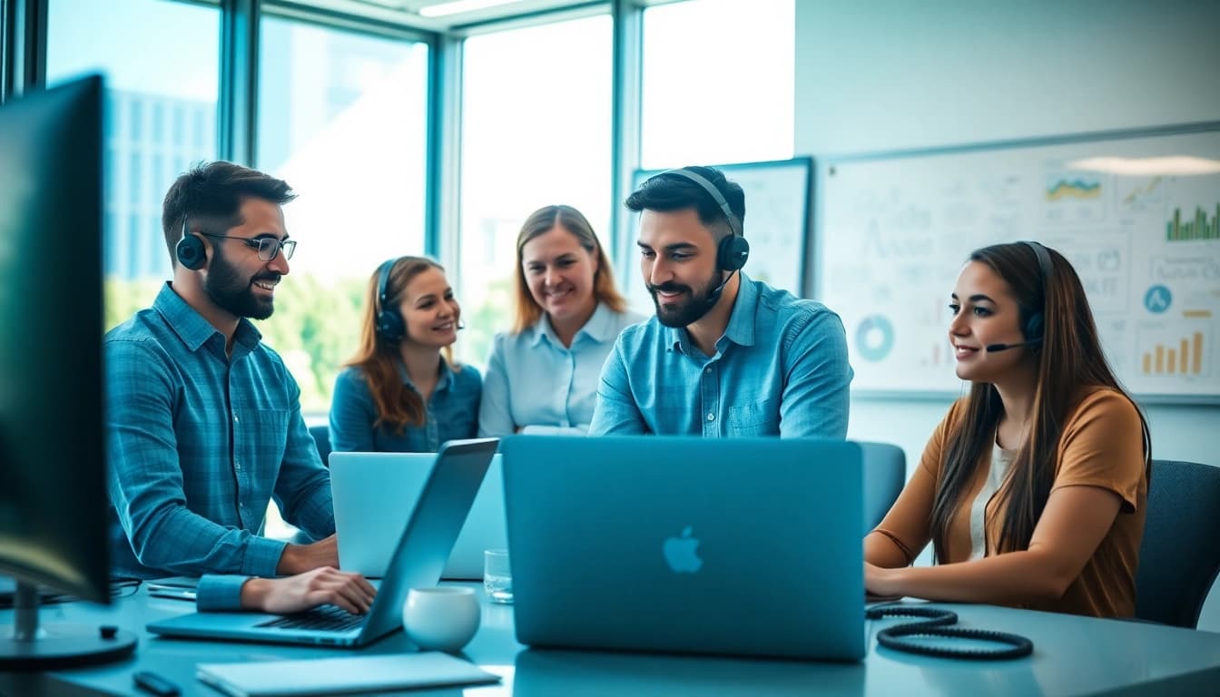 IT business support team collaborating in a modern office environment.