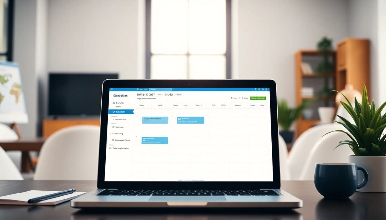 Engaging visual of a never miss a meeting scheduling tool in a modern office setup.