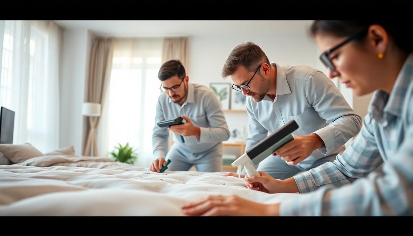 Bed bug exterminators conducting a thorough inspection for bed bugs in a modern apartment