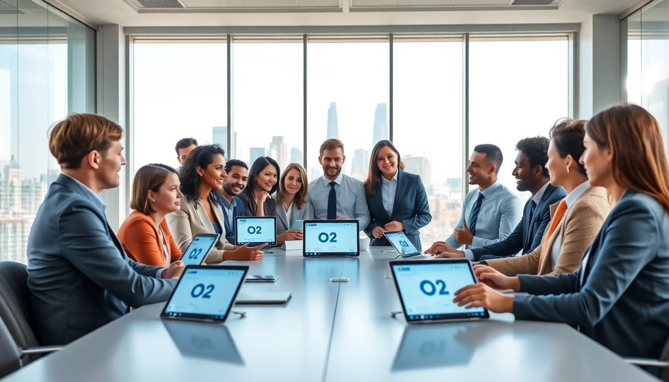 Collaborative meeting on O2 account business in a professional setting.