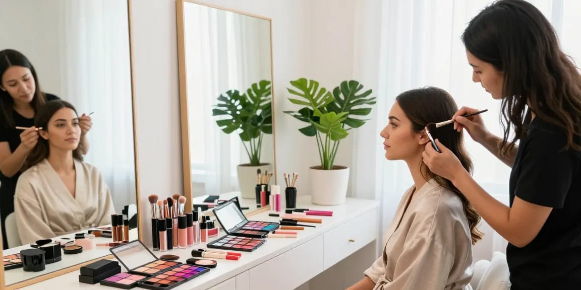 Trucco personalizzato durante una consulenza tra un truccatore e un cliente in un ambiente luminoso e accogliente.