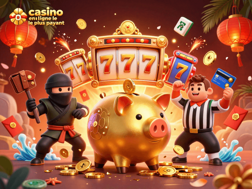 Tous les personnages de casino en ligne le plus payant se rassemblent dans une scène joyeuse pleine de gains.