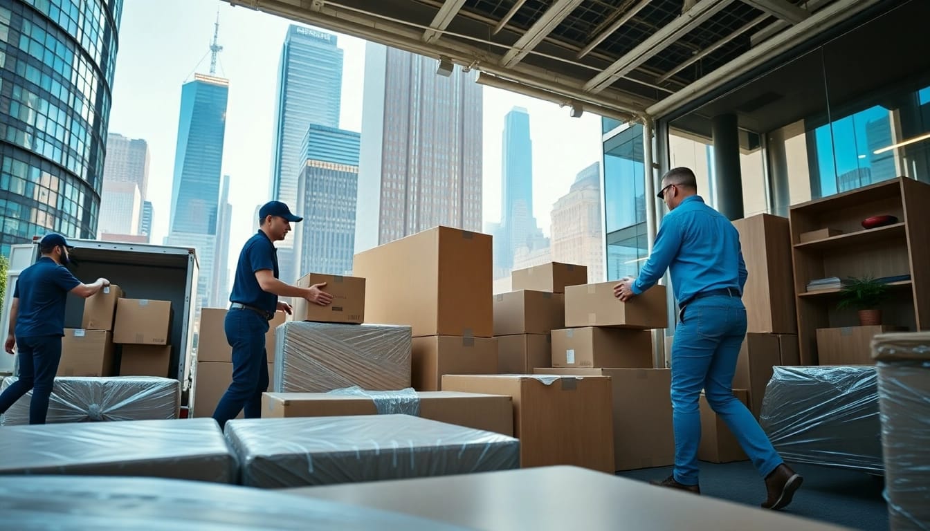 Office Moving Services NYC featuring professionals efficiently packing office furniture in New York City.