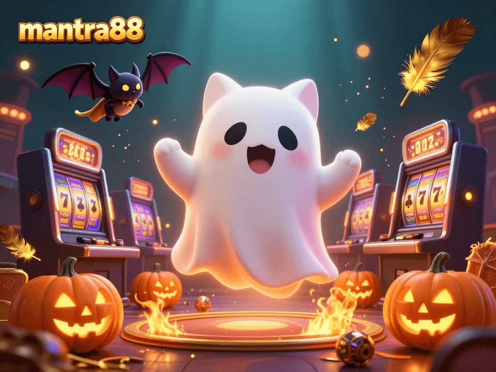 Experience thrilling gameplay at mantra88 with a ghost cat and vampire bat in a fun casino scene.