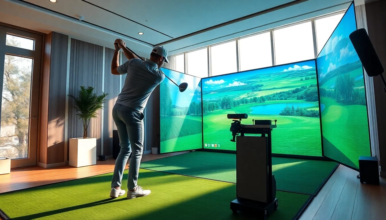 Player engaging with a golf simulator setup in a bright and stylish indoor space.