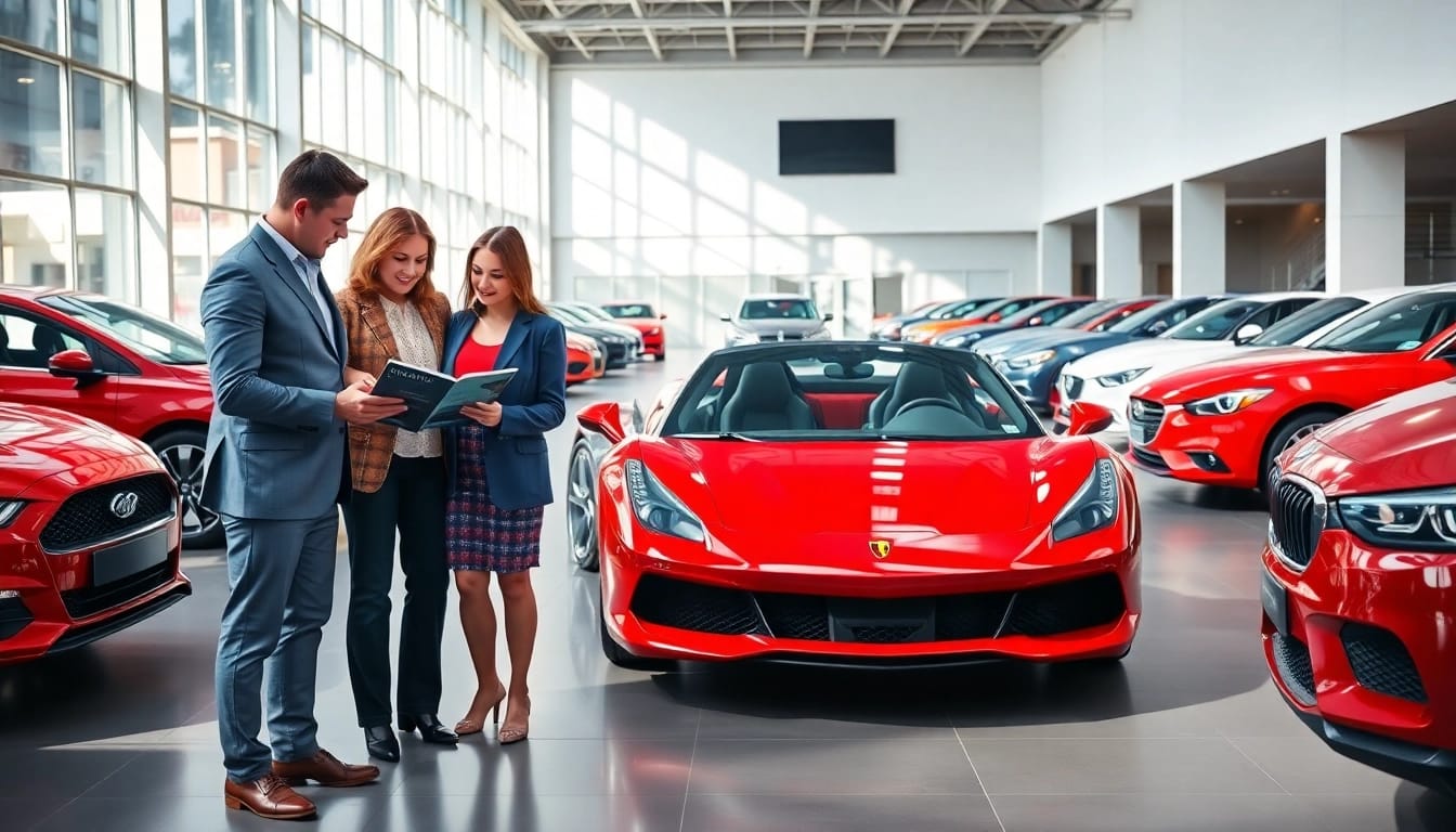 Buy New Car in a vibrant showroom with modern displays and a couple reviewing a brochure.