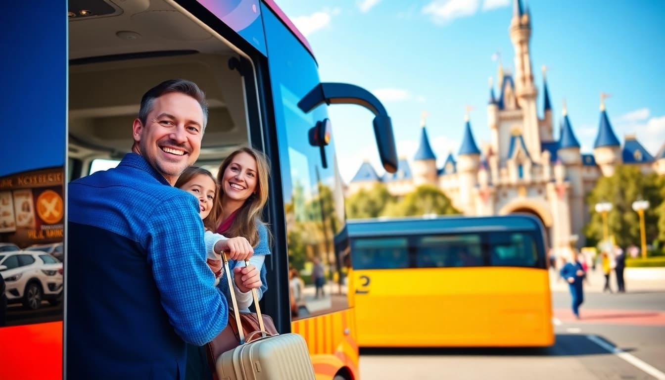 Traveling from disneyland paris to airport with cheerful families boarding a colorful shuttle bus.