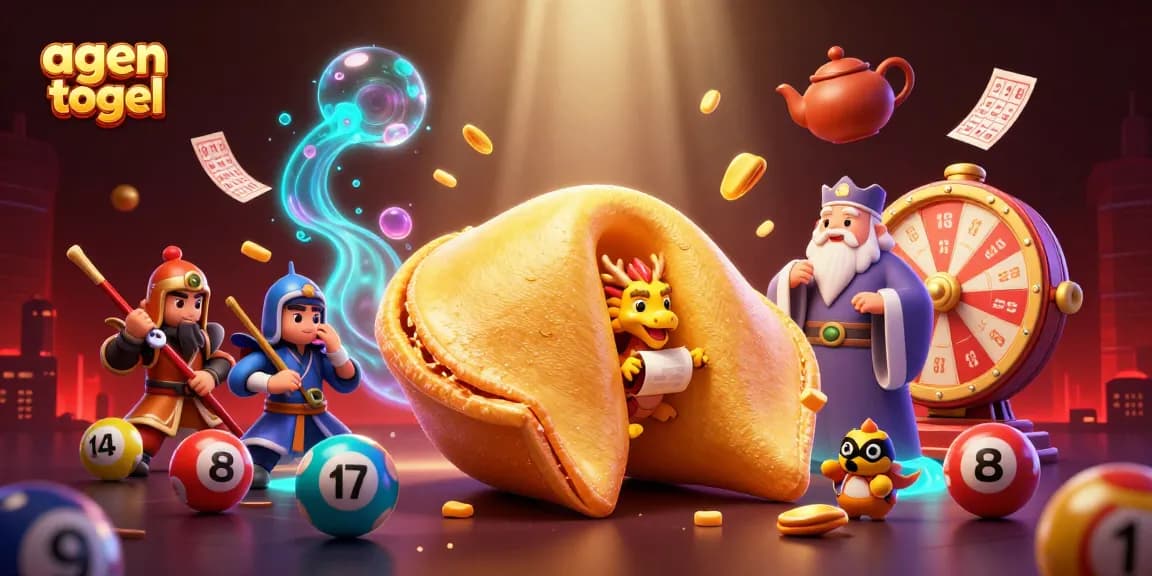 Engage in agen togel with a vibrant scene of a golden fortune cookie surrounded by lottery elements.
