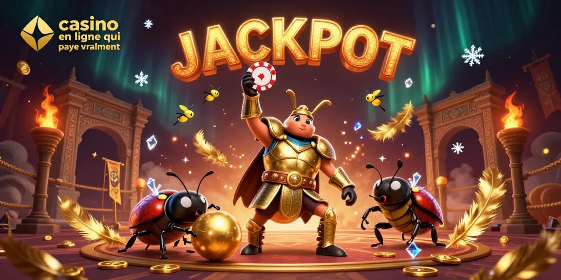 Le casino en ligne qui paye vraiment, illustré par un scarabée hercule en armure dorée célébrant un jackpot.