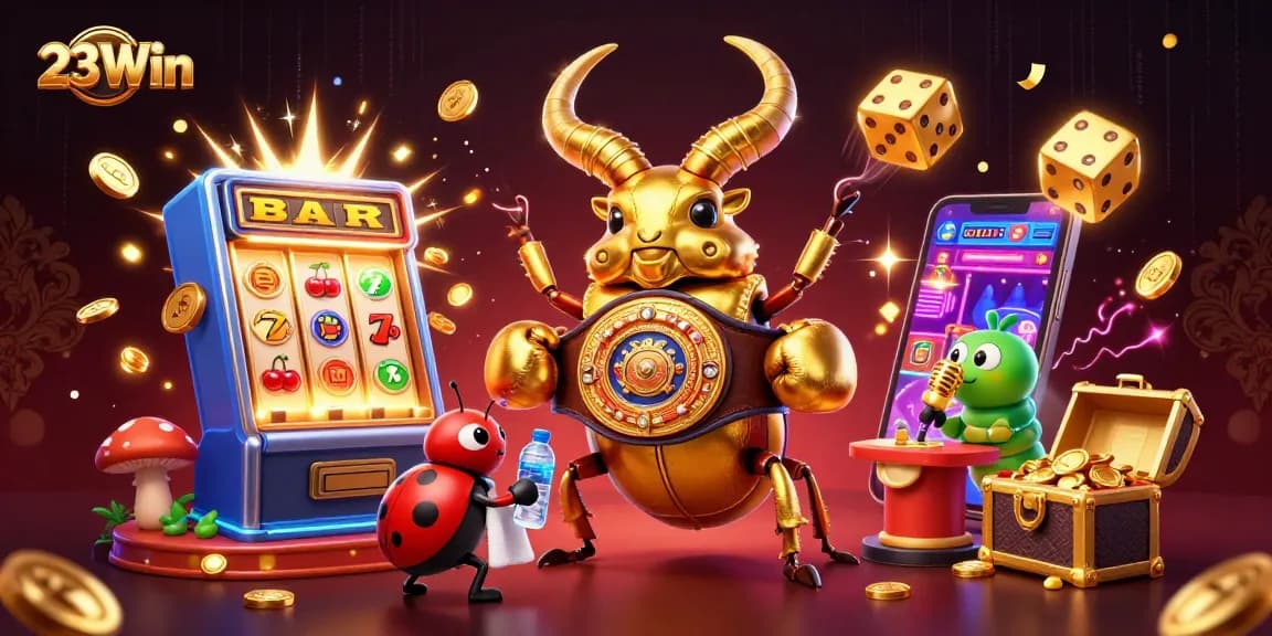 Experience the excitement of 23Win with a rich illustration of a golden stag beetle boxing champion surrounded by thrilling casino elements.