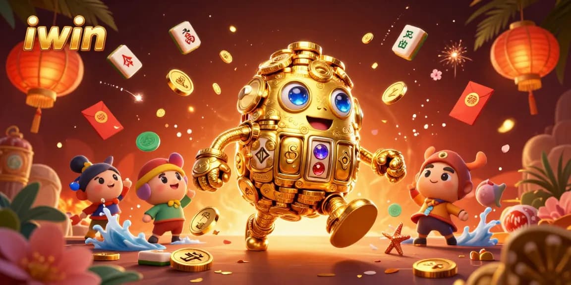 Experience thrilling iwin casino action with a golden golem and festive elements in a vibrant scene.