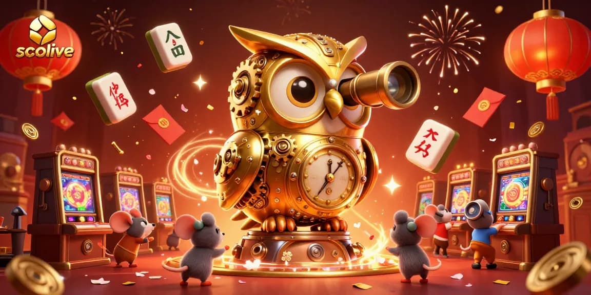 Socolive showcases a golden owl amidst a bustling casino scene filled with vibrant gaming elements.