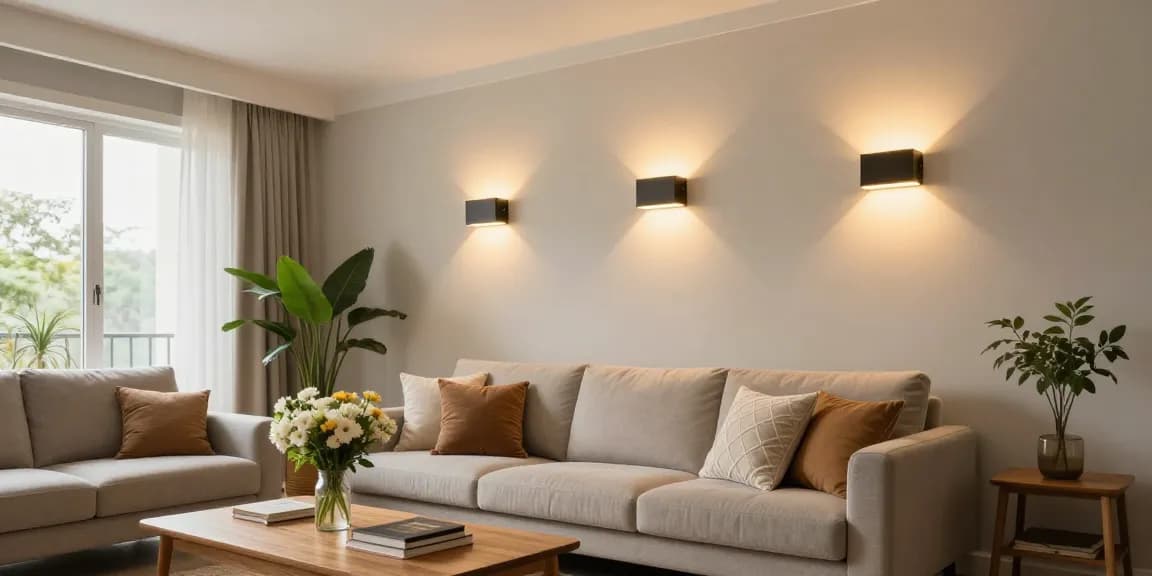 Aplice tavan moderne iluminând un living contemporan, cu confort și stil.