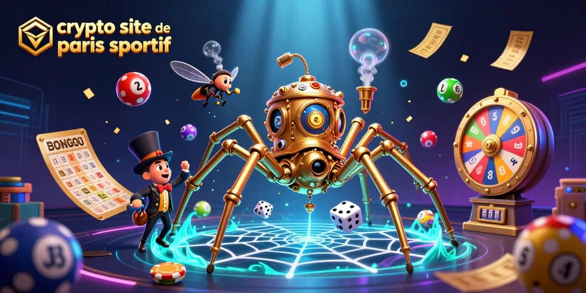 Visualisez l'univers du crypto site de paris sportif avec une illustration dynamique de personnages et d'éléments de jeu.