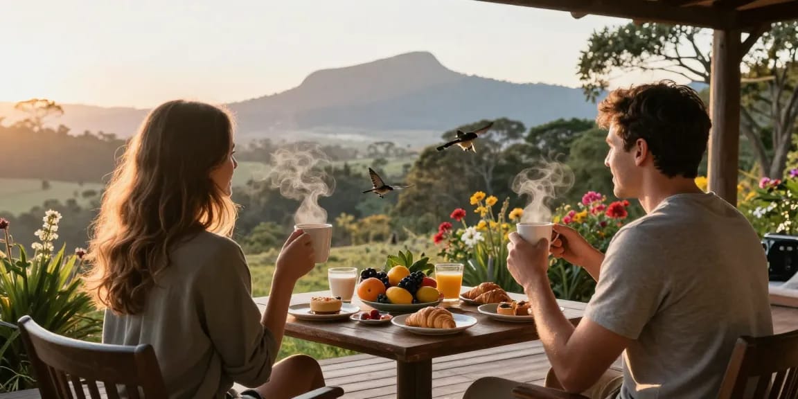Magaliesburg accommodation breakfast setting with couple enjoying coffee and pastries in a serene outdoor landscape.
