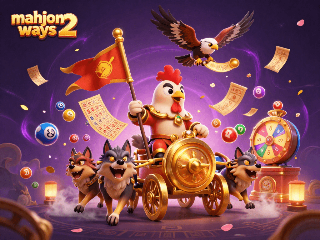Experience the excitement of mahjong ways 2 with a vibrant 3D illustration featuring a rooster warlord and a fateful scene.