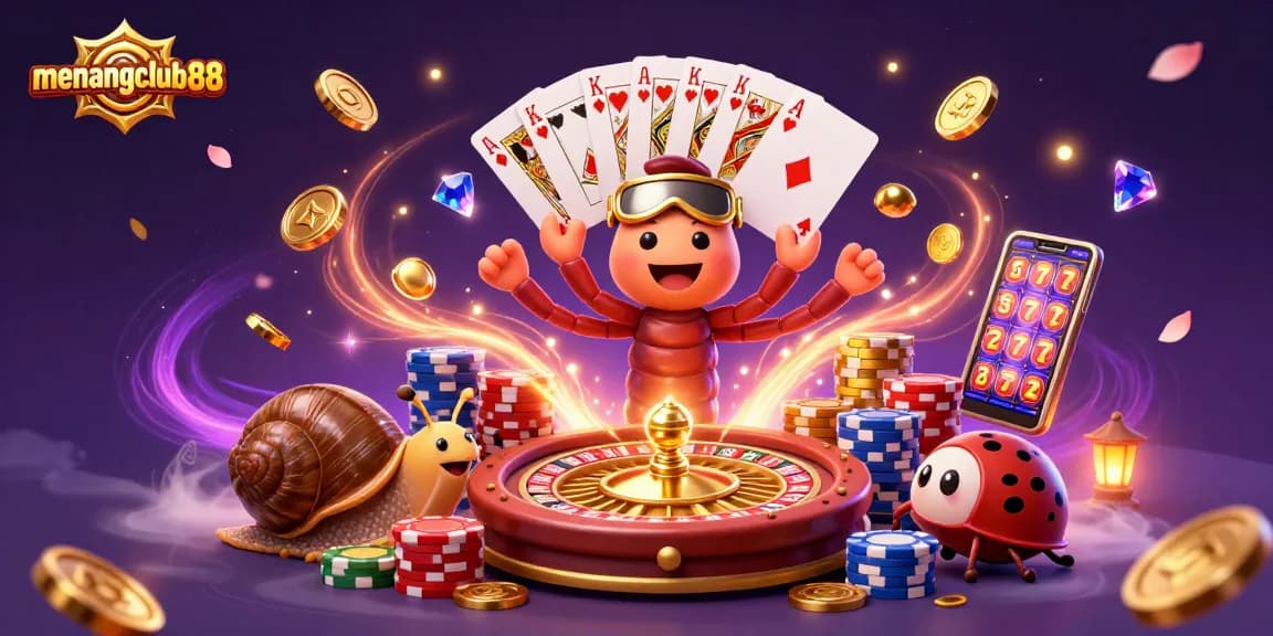 Experience the excitement of menangclub88 with a vibrant 3D illustration featuring a millipede dealer and high-stakes gaming elements.