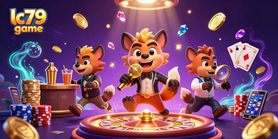 Hình ảnh lc79 game với các chú linh cẩu vui tính hoạt động tại một câu lạc bộ casino hài hước