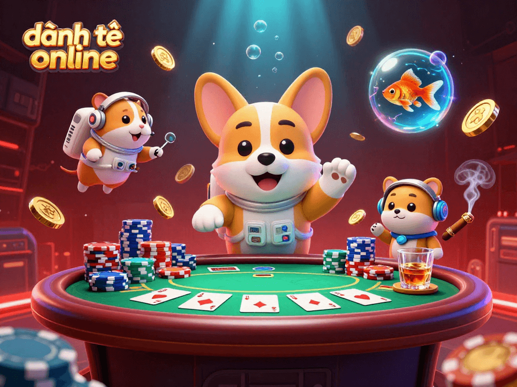 Experience đánh đề online excitement in this vibrant 3D illustration with playful characters and casino elements.