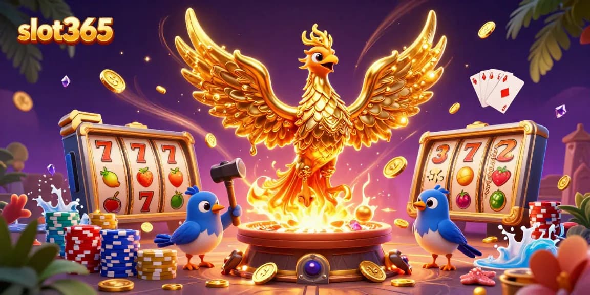 Experience slot365 with an immersive scene featuring a molten golden phoenix and dynamic casino elements.