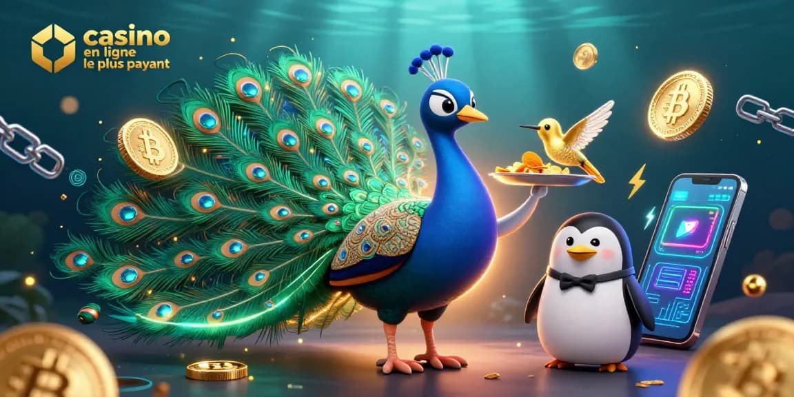 Jouer au casino en ligne le plus payant avec une illustration de paon aristocratique entouré d'éléments de crypto-monnaie.