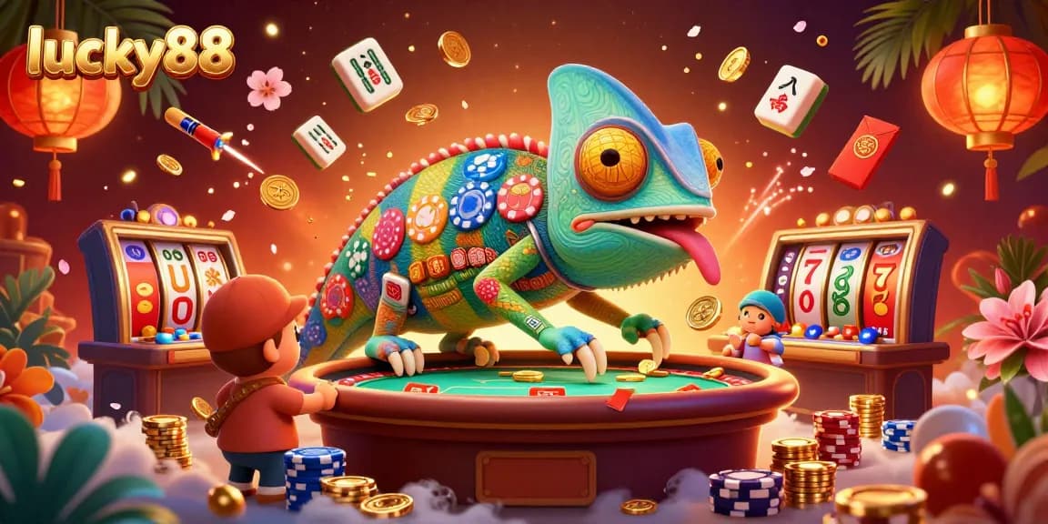Experience the thrilling lucky88 casino with vibrant chameleon character and rich gaming elements in 3D illustration.