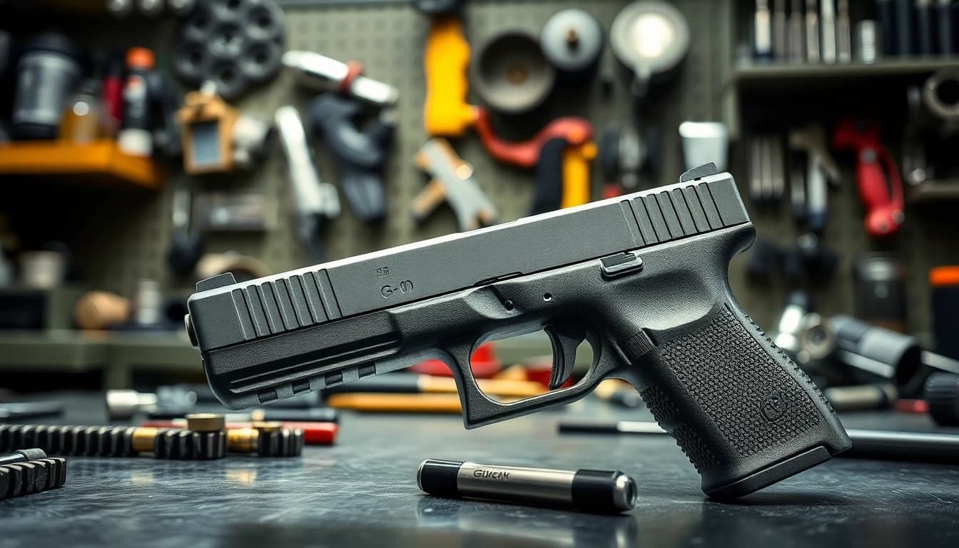 Showcasing a glock 17 slide oem with intricate details in a professional workshop setting.