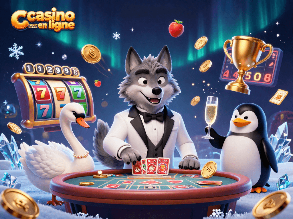 Profitez du casino en ligne retrait immédiat avec des personnages animés jouant et célébrant autour d'une table.
