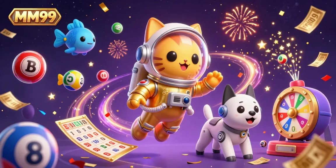Join the MM99 adventure with the astronaut cat and robot dog in this vibrant gambling scene.
