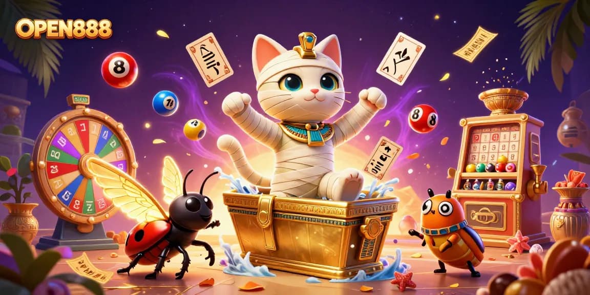 Experience thrilling moments with OPEN888 in a vibrant 3D casino scene filled with dynamic game elements.