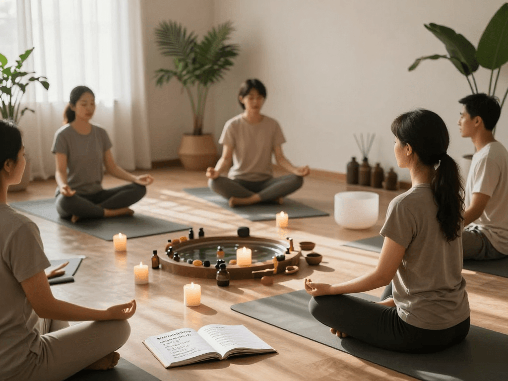 Meditation session practicing mantra 88 in a tranquil studio with aromatic candles.