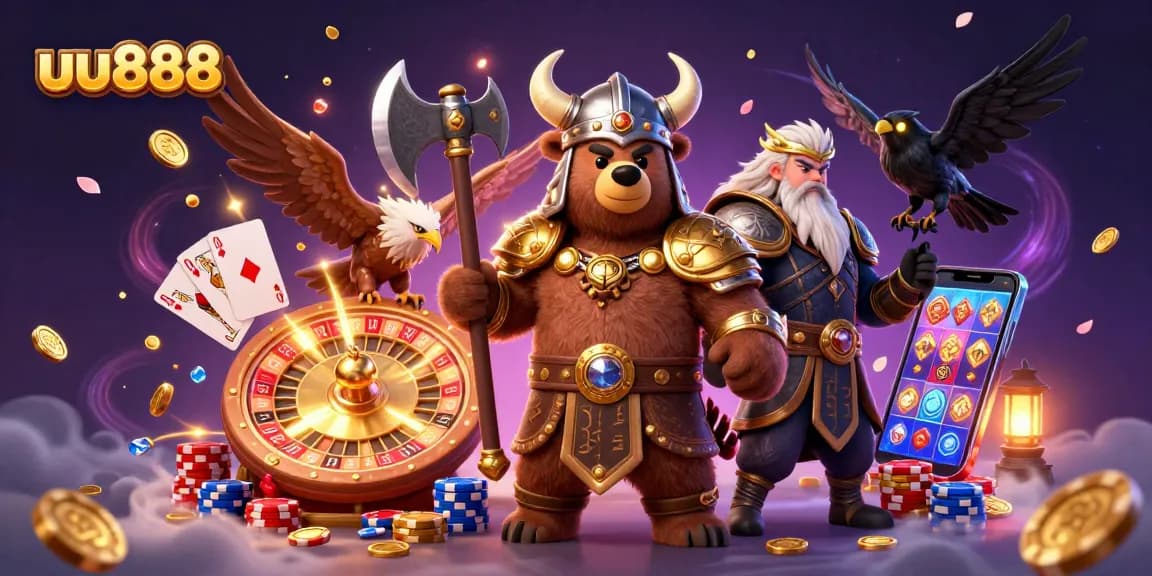 Experience thrilling action with uu888's exciting casino illustration of a Viking bear and Valkyrie eagle.