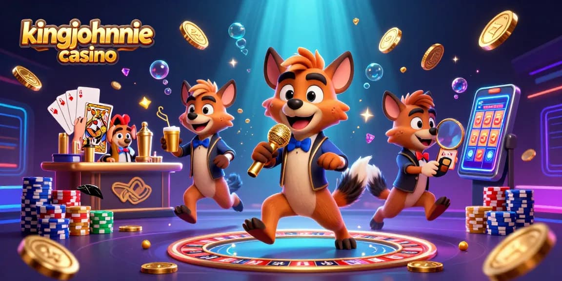 The lively scene of kingjohnnie casino showcases hyenas in a comedy club setting, featuring golden coins and dynamic roulette action.