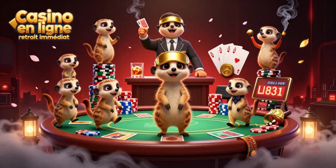 Jouez au casino en ligne retrait immédiat avec des suricates gérant des jeux de cartes et des mises.