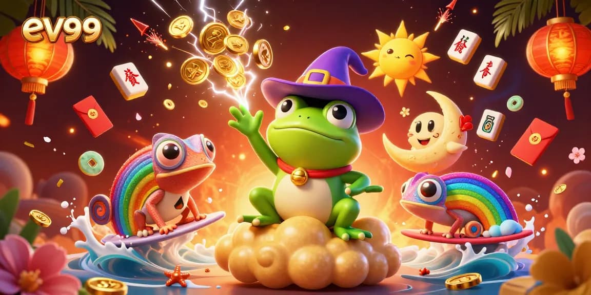 Experience thrilling wins with ev99 in this vibrant casino-themed illustration of magical characters.