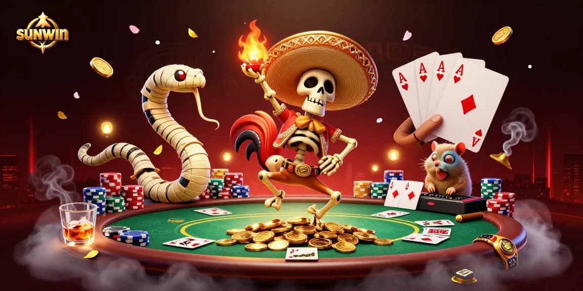 Experience the excitement of poker at sunwin with a festive casino scene filled with vibrant characters and thrilling game elements.